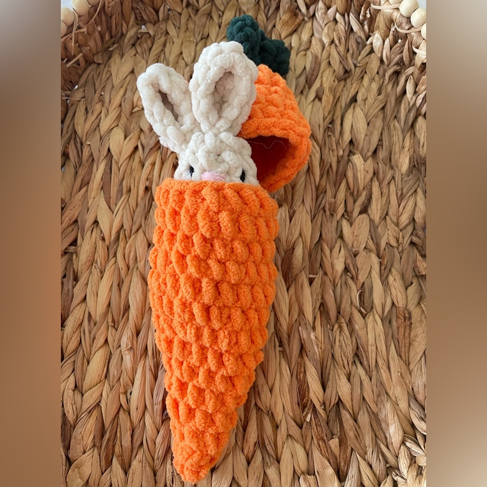 Handmade Crochet Plush Bunny in Orange Crochet Carrot. Easter basket gift,